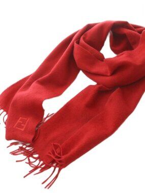 Fendi Scarf FF Logo Embroidery Cashmere Fringe Red